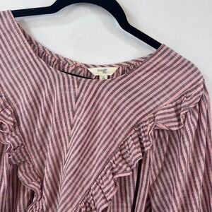 Terra & Sky Womens 0X 14W Pink Striped Ruffle Cotton Blouse Elbow Sleeve Top